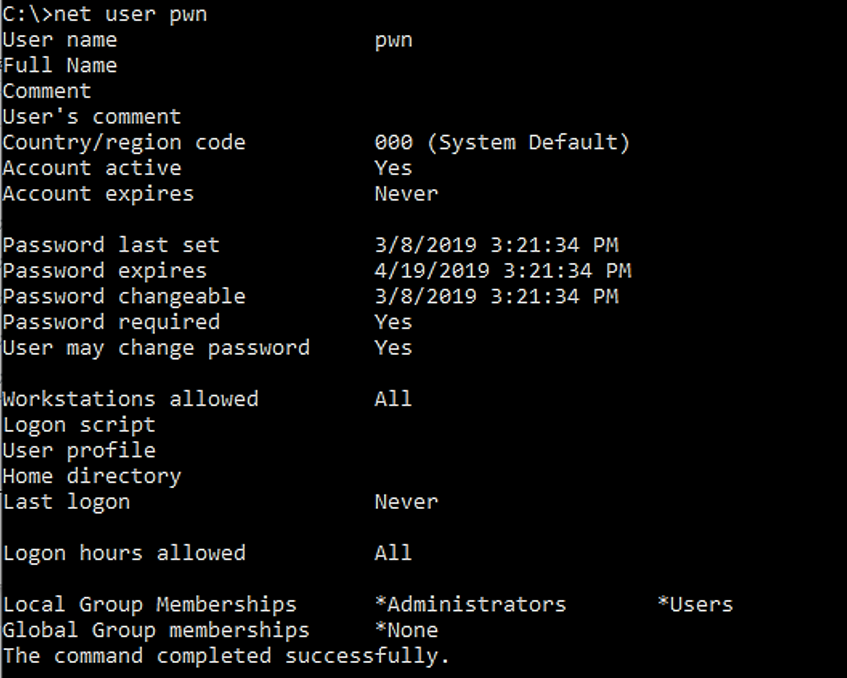 Windows user manager showing the new admin user