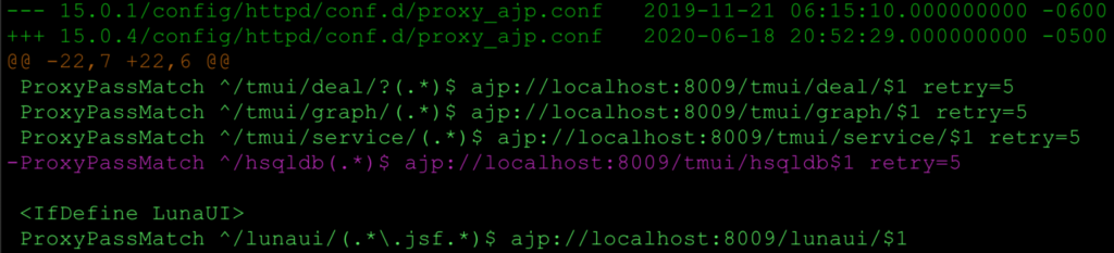 Diff output showing the hsqldb endpoint removed from proxy_ajp.conf