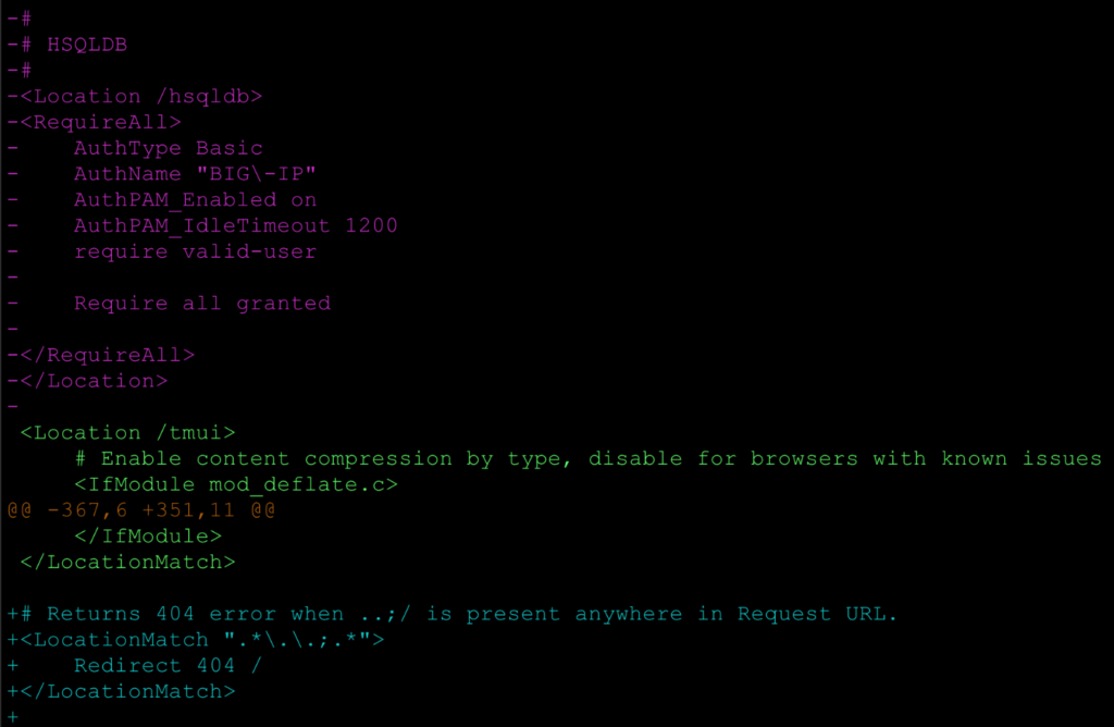 Diff output showing updated hsqldb rules in httpd.conf