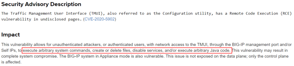 Screenshot of the F5 advisory detailing the vulnerability impact