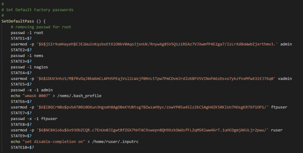 Excerpt of kick-start.sh showing preset password hashes