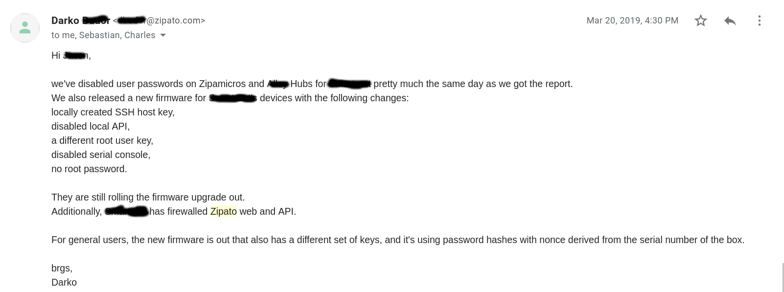 Screenshot of Zipato's email response