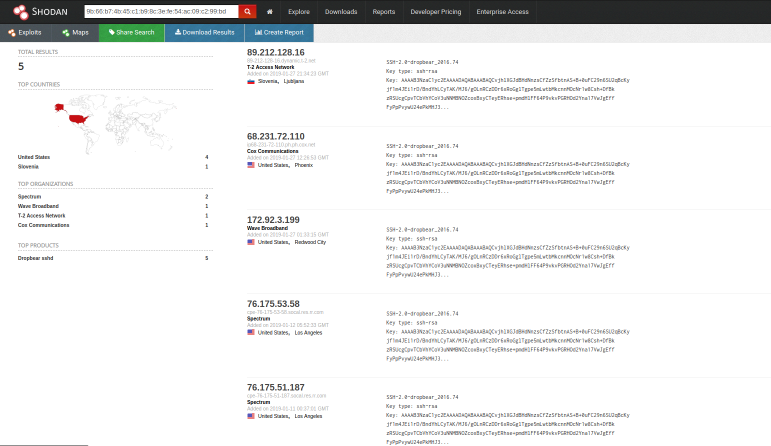 Screenshot of Shodan results showing dropbear exposed on the internet